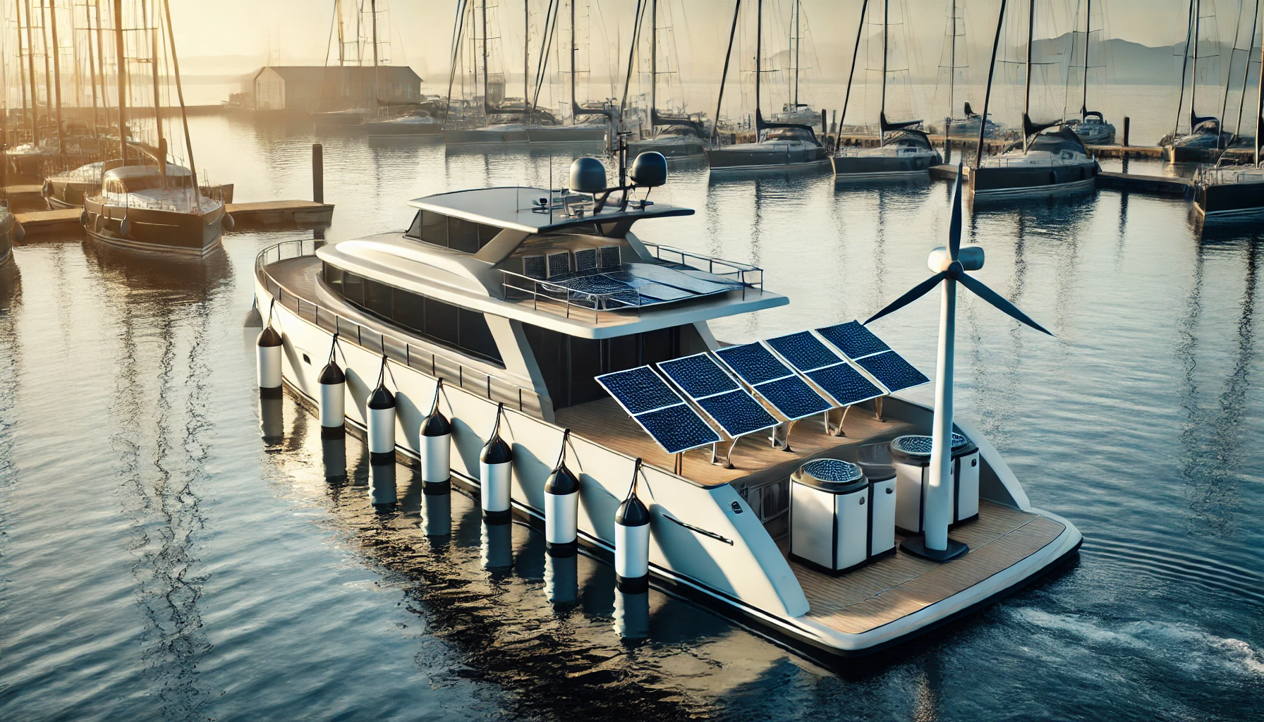 A modern boat equipped with cost-effective power solutions, including solar panels and a wind turbine