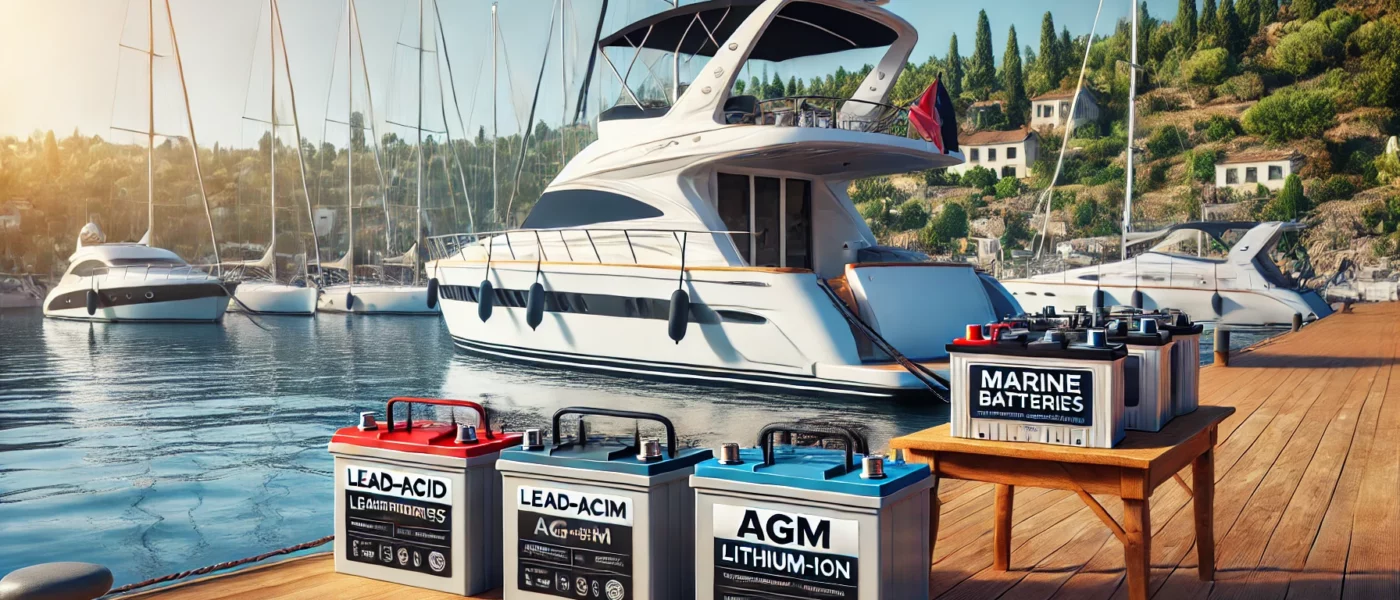 A-yacht-docked-at-a-marina-with-various-types-of-marine-batteries-displayed-on-a-table