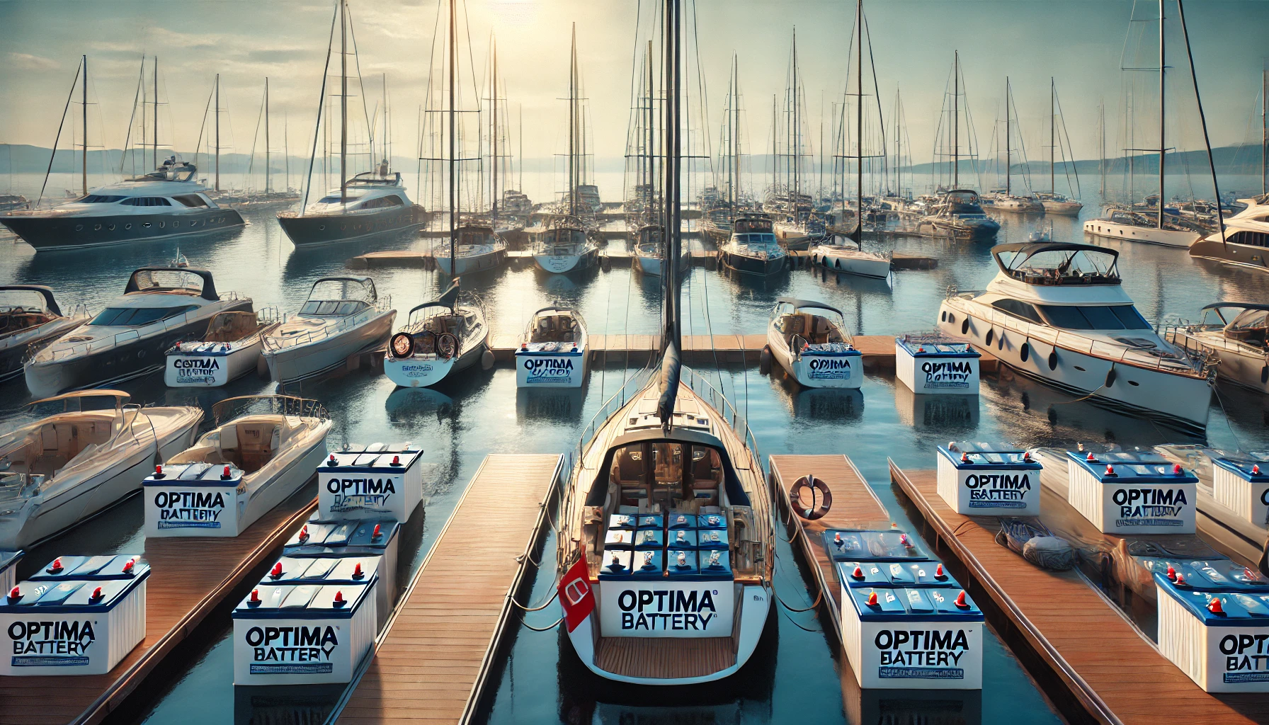 A marina with various types of boats docked, all equipped with Optima batteries