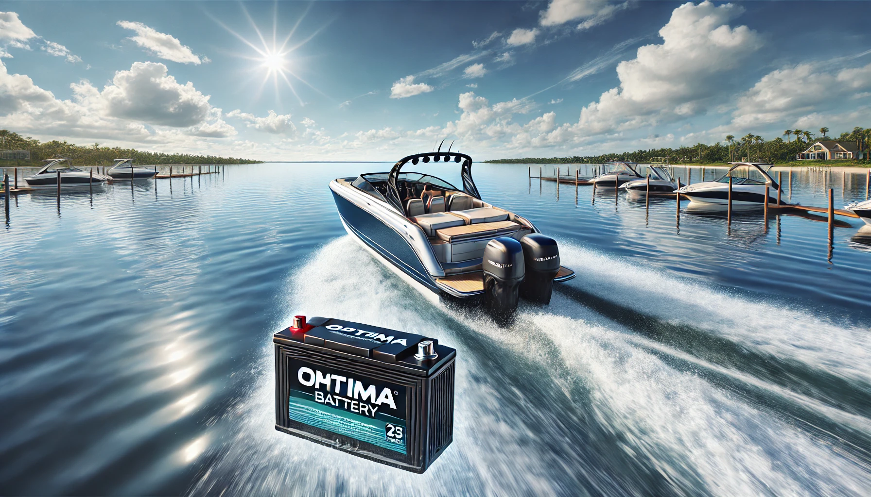 A powerful boat with an Optima battery installed, cruising smoothly on a clear