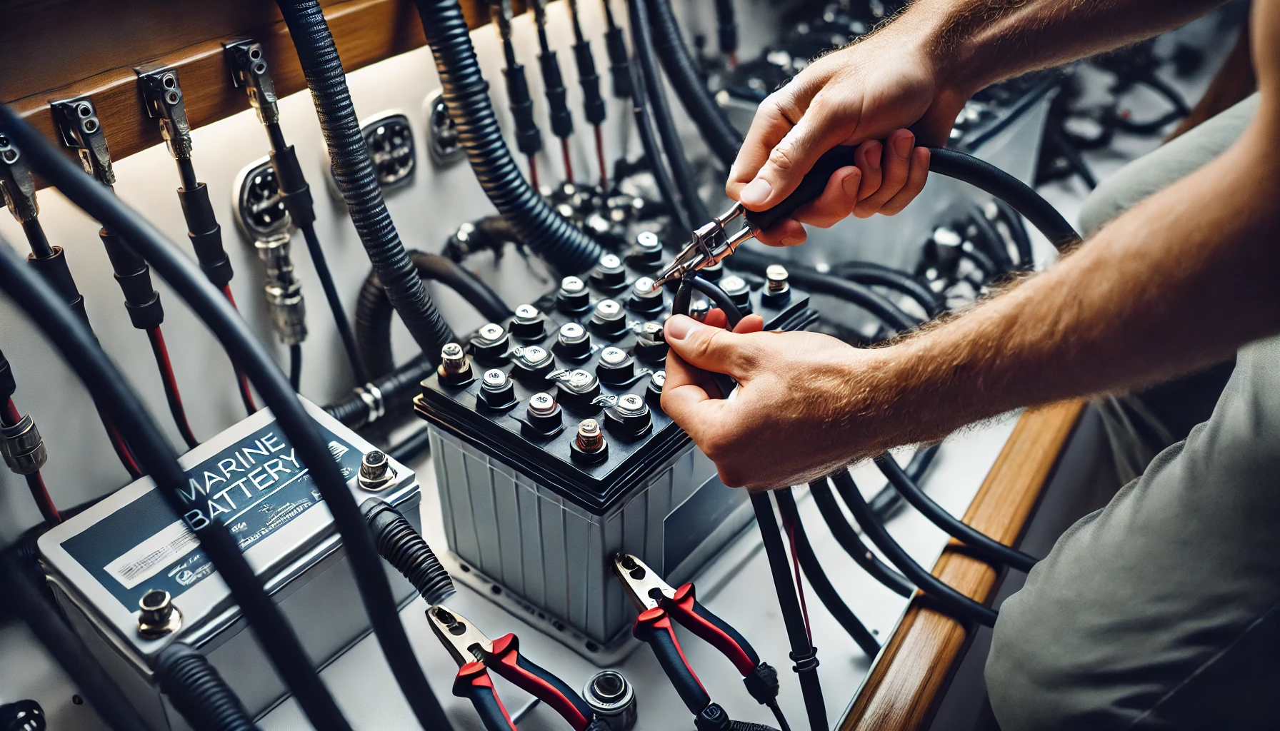 Technician Connecting Cables to a Marine Battery